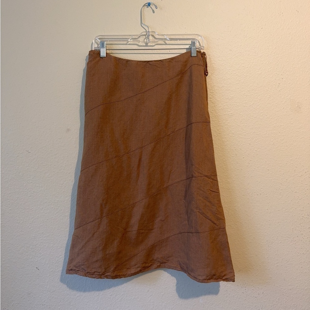 Valerie Stevens Brown Linen Skirt | Petite 12 | A-Line Midi | Lightweight Boho